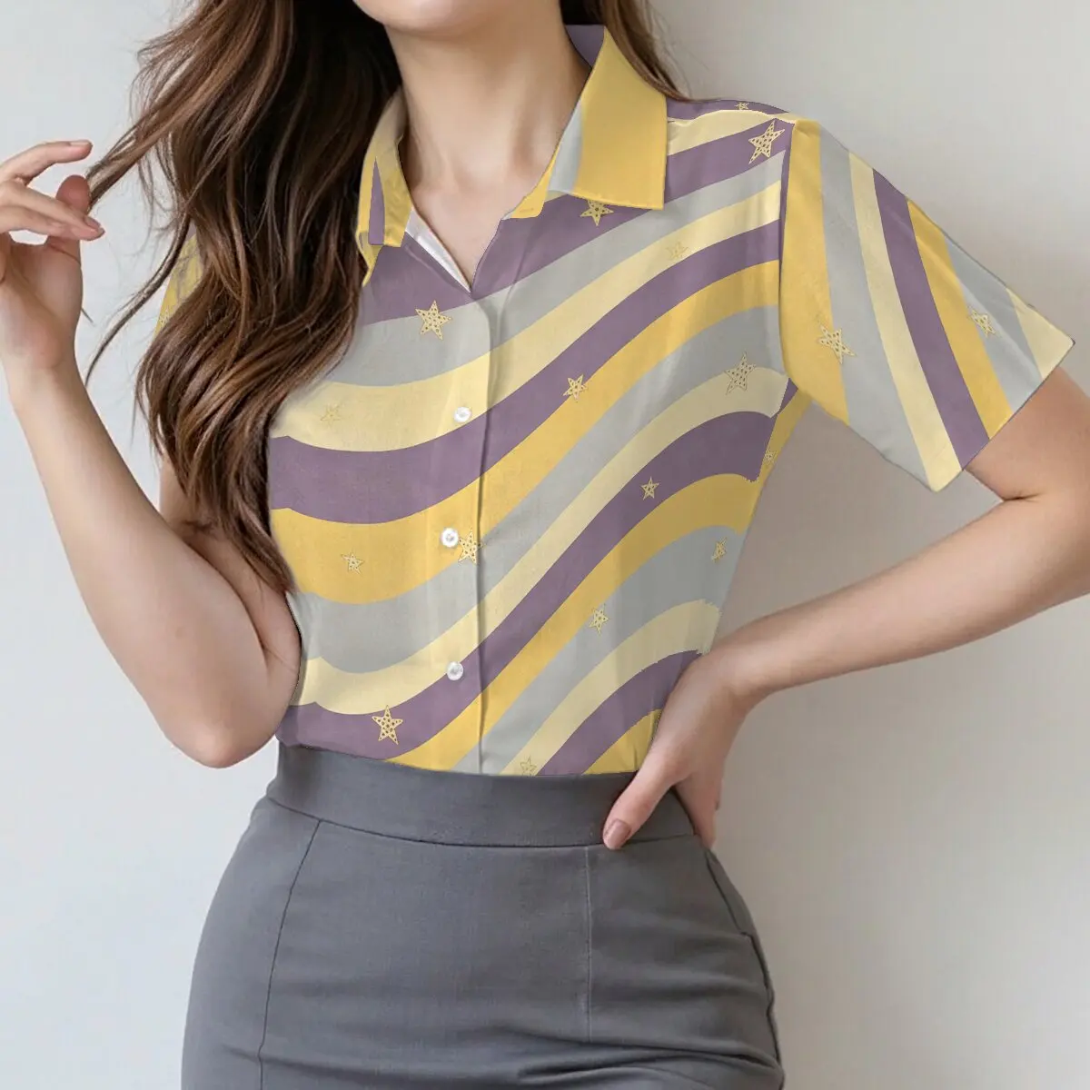 

Summer women's short-sleeve lapel shirt, summer style, striped star pattern, casual & lazy, for business casual & daily wear.
