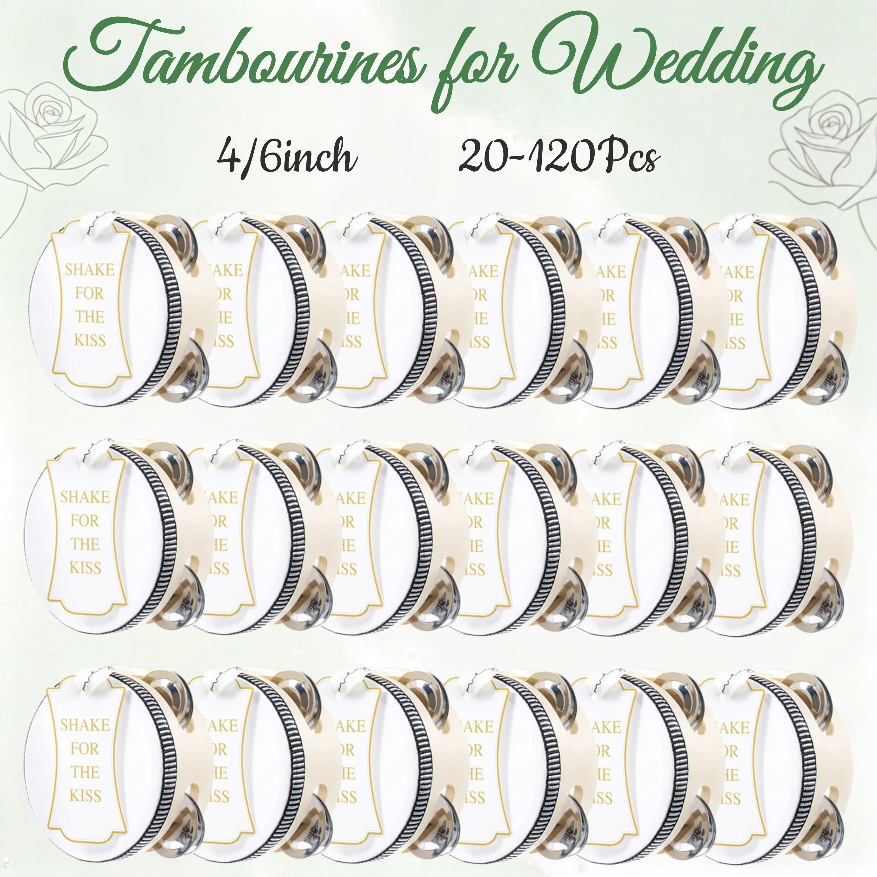 20-120Pcs Mini Wedding Tambourine Bulk 4/6Inch for Adults Hand Drum with Gift Tags and White Printed Ribbon for Wedding Party