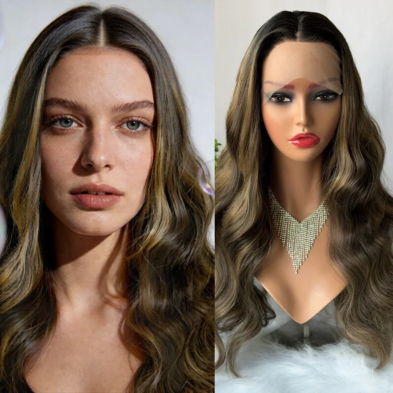 

Premium Synthetic Wigs Chestnut Brown Highlight Color Luxury 13x4 Lace Top Wig for Women Realistic Lace Front Wig Glueless Wigs