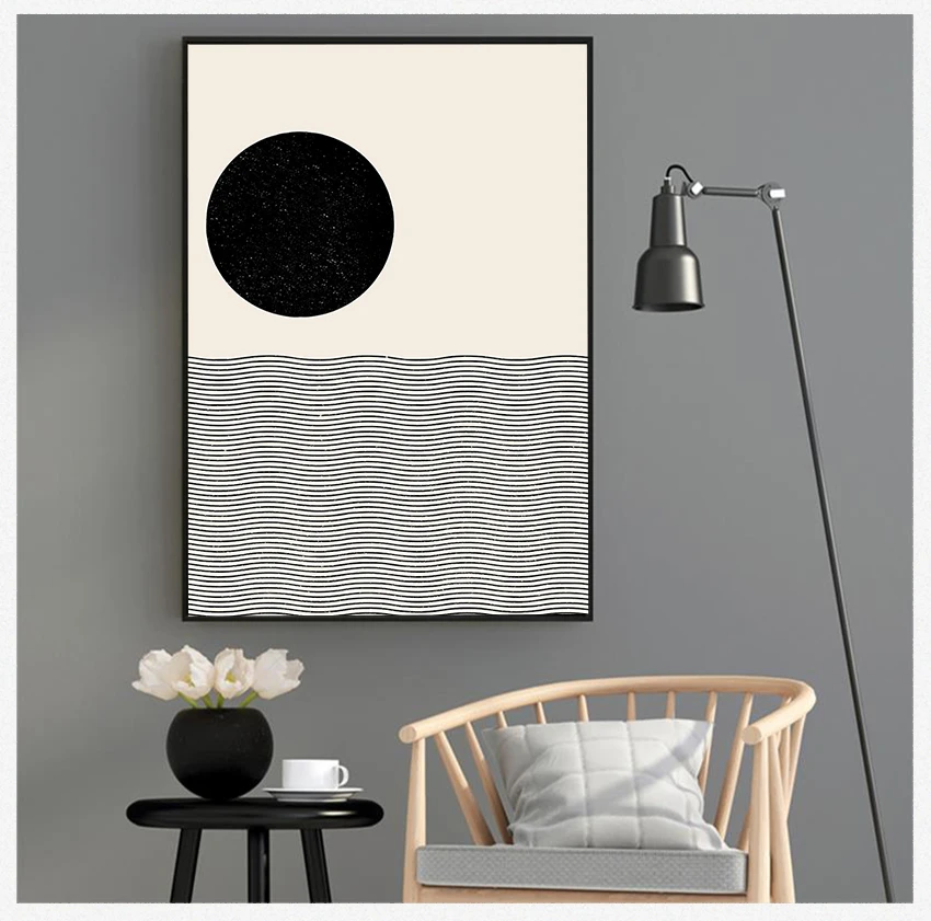 Woodblock Style Illustration Neutral Colors Home Wall Art Decor Ocean Waves Print Nautical Mid Century Geometric Poster