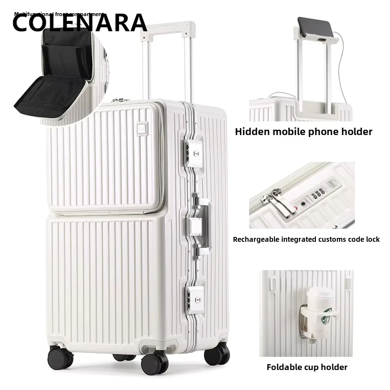 COLENARA Reisbagage USB Opladen Aluminium Frame Trolley Case 26 "28" 30 "32 Inch Combinatiekoffer met Wielen Rollende Koffer