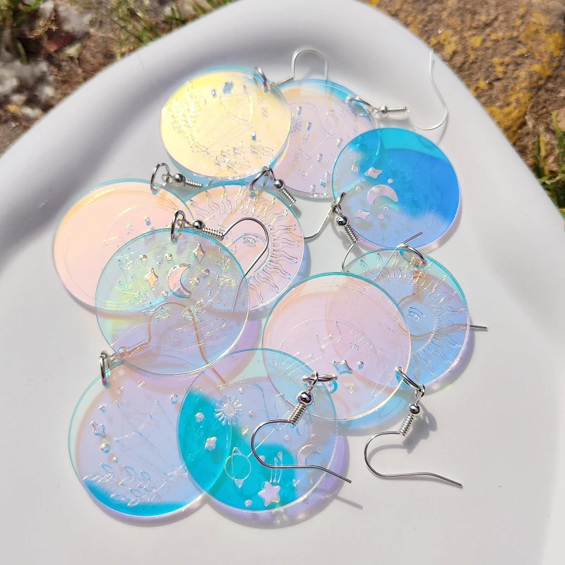 KUGUYS Vintage Round Circle Women\'s Dangle Earrings Holographic Earth Moon Sun Iridescent Jewelry Acrylic Accessories