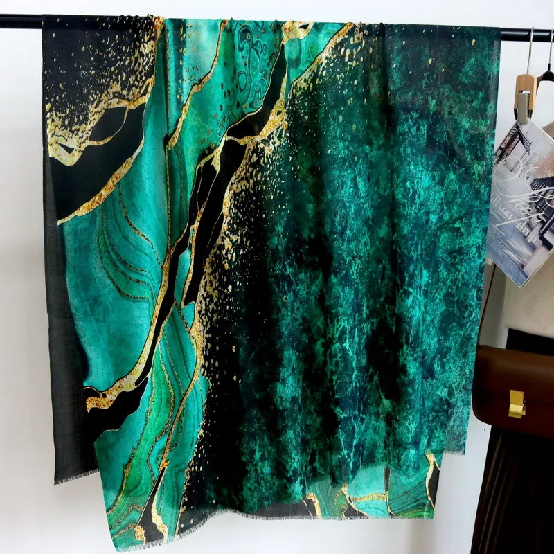 

High-end Elegant Women's Exquisite Green Aurora Print Quality Water Soluble Wool Handmade Fringe Versatile Long Scarf Showl