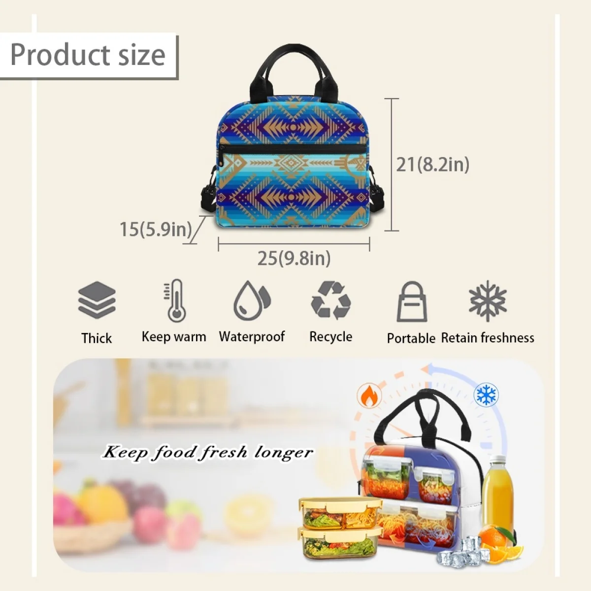 FORUDESIGNS Best Aztec tas makan siang anak-anak, kemasan makan siang isolasi paket termal tahan air ringan