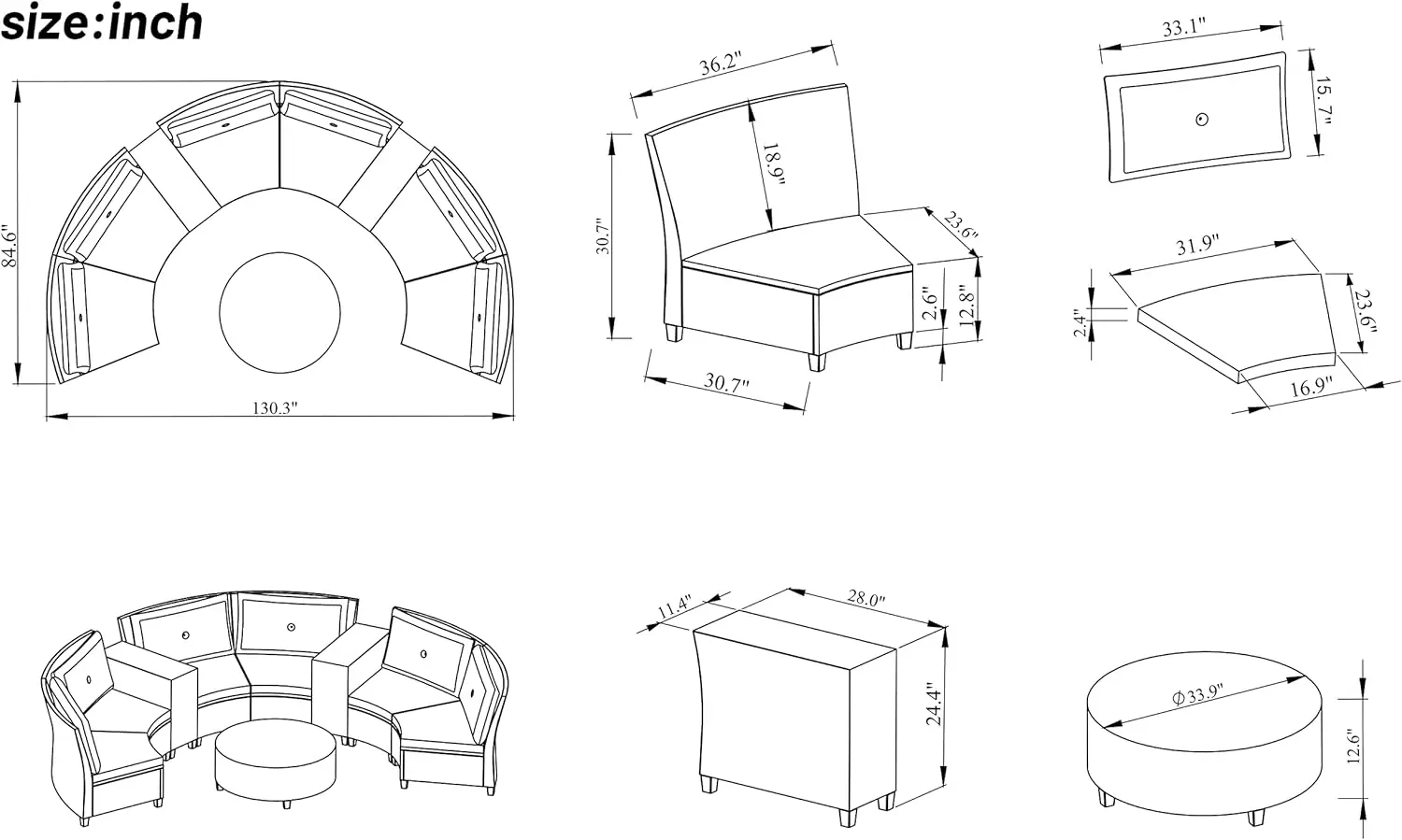 9-Piece Outdoor Half Moon Sofa Set, Rattan Patio Furniture Half Round Fan-Shaped Sofa Set with Round Table, Cushions