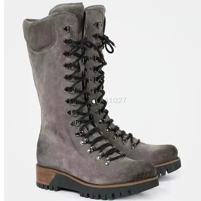 Nouvelles femmes rétro genou bottes hautes plate-forme antidérapante à lacets femmes chaussures hiver longue couleur unie Martin bottes Vintage chevalier bottes