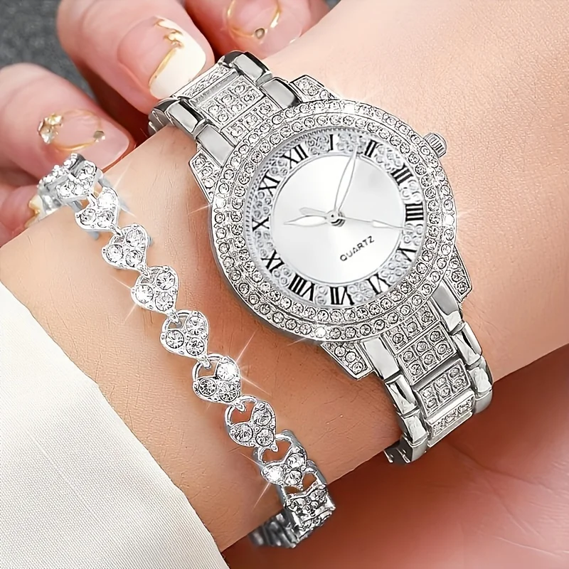 2pcs/set Dazzling Luxury Rhinestone Quartz Watch & Bracelet Set - Chic Analog Wrist Watches for Women -