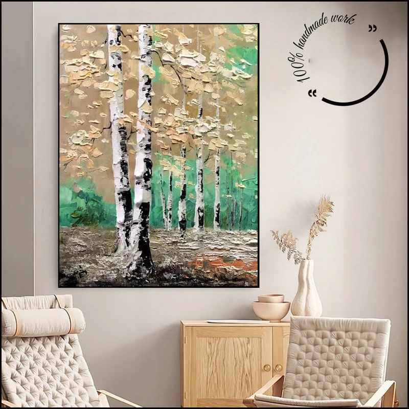 Large Birch Tree Hand Painted Oil Painting On Canvas Original Yellow Autumn Forest Landscape Painting Green Tree Wall Art Decor