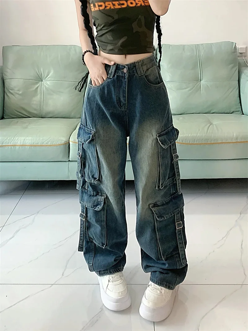 

Blue Y2k Baggy Cargo Jeans Women Multi Pockets Harajuku 90s Aesthetic Denim Trousers Vintage Cargo Pants Pantalons Clothes