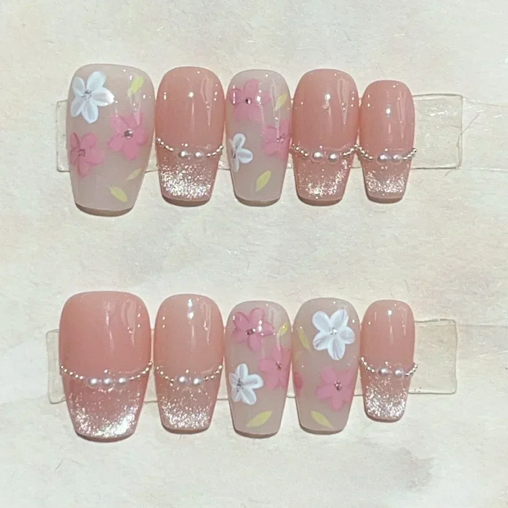 10Pcs Handmade Press on Nails Full Cover Flower Cute Sweet Shiny Summer French Ballerina Fałszywe paznokcie do noszenia Manicure Tipsy do paznokci