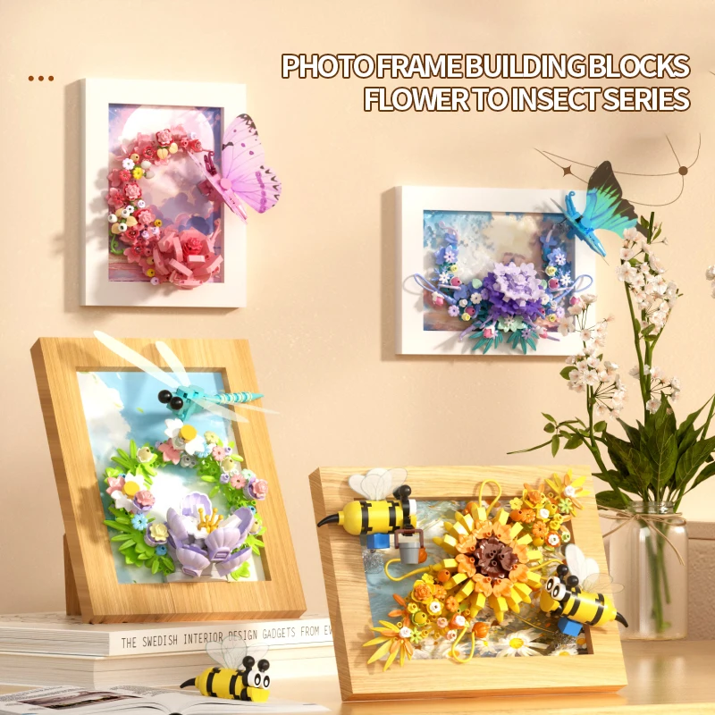 

Insect Flower Photo Frame Building Blocks Butterfly Flower Bee Sunflower Model Bricks Desktop Deco Educational Toys For Kids