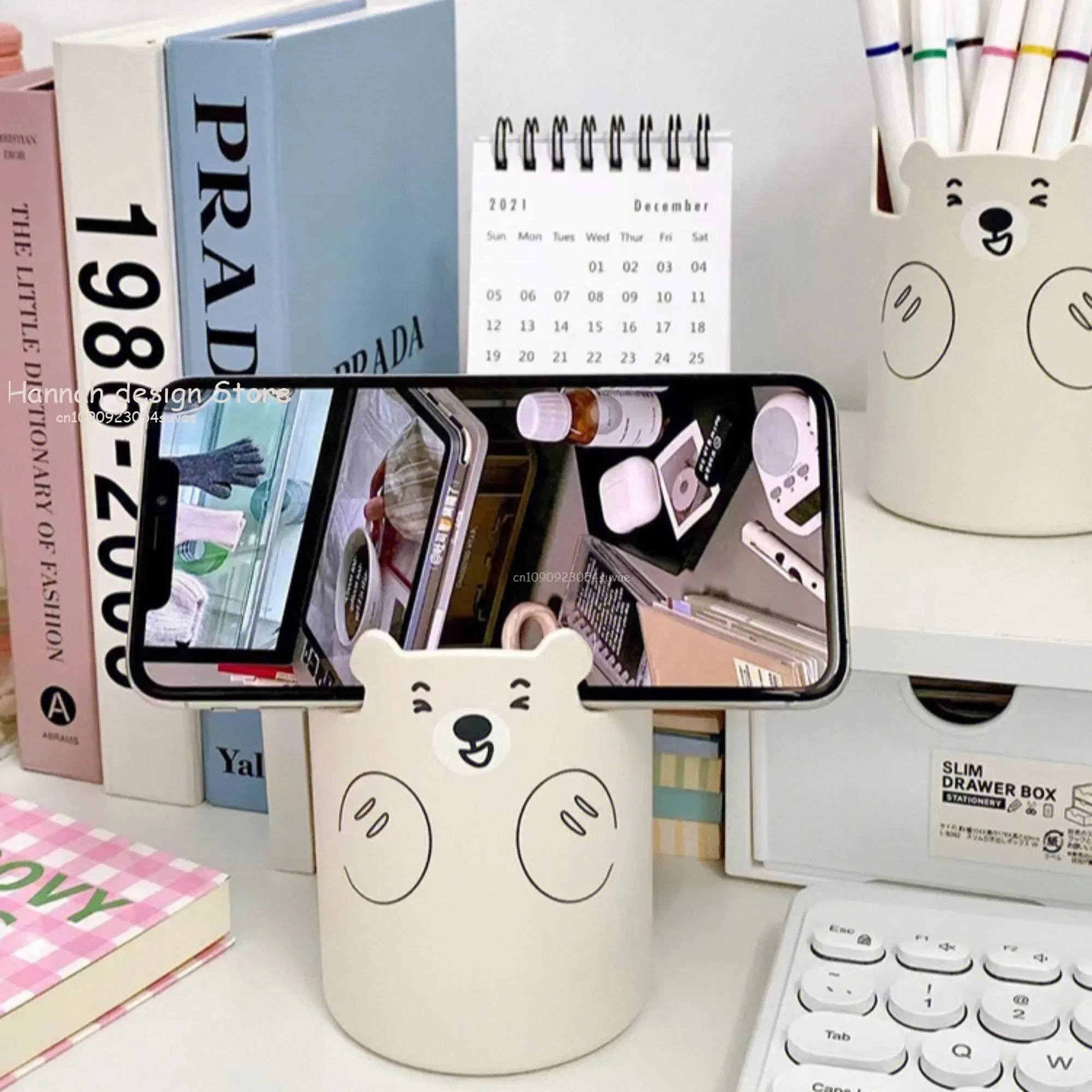 Multifunctional Pen Holder Kawaii Cartoon Bear Makeup Brush Holder Lovely Fashion Phone Holder Student Stationery Pen Organizer