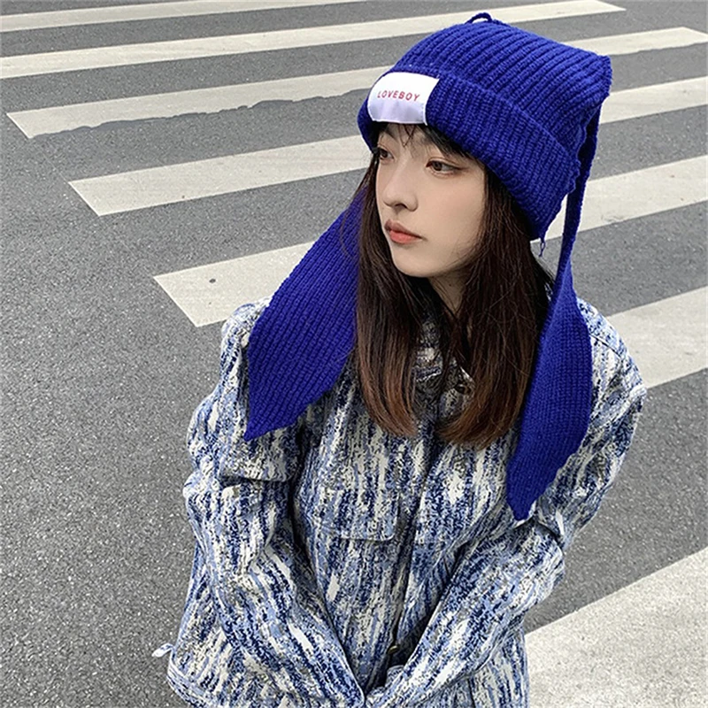 Lovely Thickened Long Ears Rabbit Rabbit Hat Female Knitted Hat Fashion Simple And Versatile Flap Wool Hat Unisex Cap