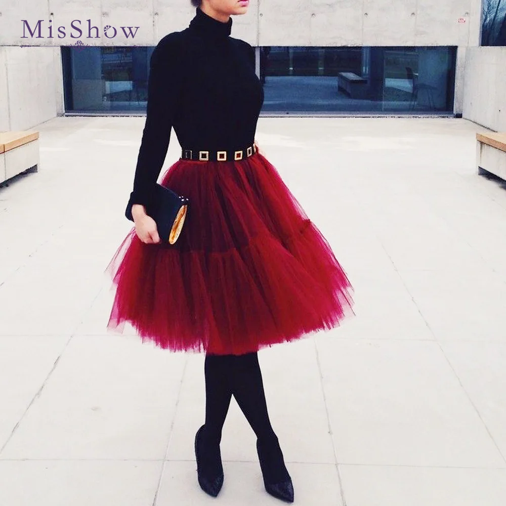 Fashion Red Multi-Layers Tulle Skirts Women Elastic Waist Puffy Knee Length Tutu Petticoat Lolita Cosplay Underskirt Jupons