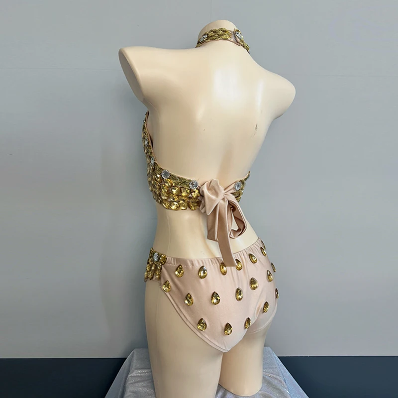 여성 섹시 고고 댄스 의상 속이 비치는 라인스톤 골드 바디수트 나이트클럽 바 댄스웨어 클럽 파티 쇼 레이브 의류 VDL4998