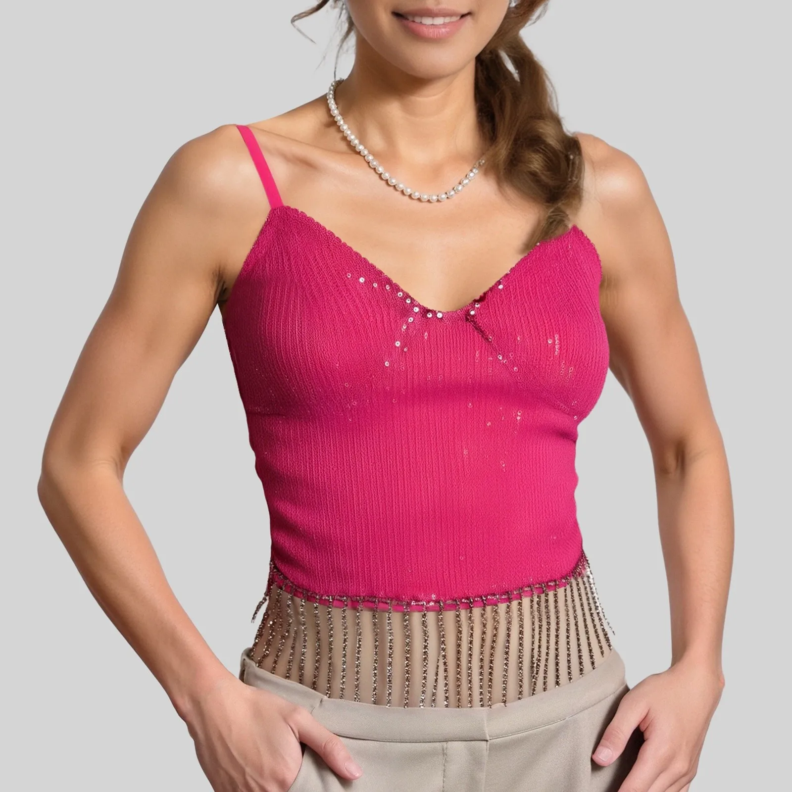 

2025 Women Sparkly Sequin splicing Crystal Chain Camisole Sleeveless Spaghetti Strap Sexy V-neck Backless Party Top Vest New