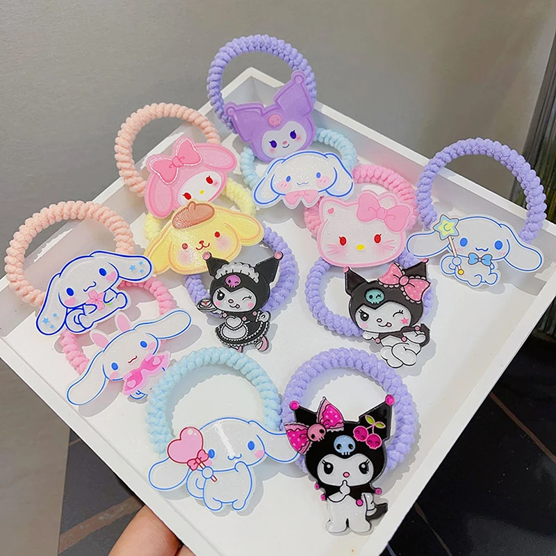 5PCS Sanrio Kuromi Hair Ties Kawaii Hairpin Anime Rubber Bands Barrettes Cartoon Cute Elastic Hair Rope Cartoon Hair Accessories