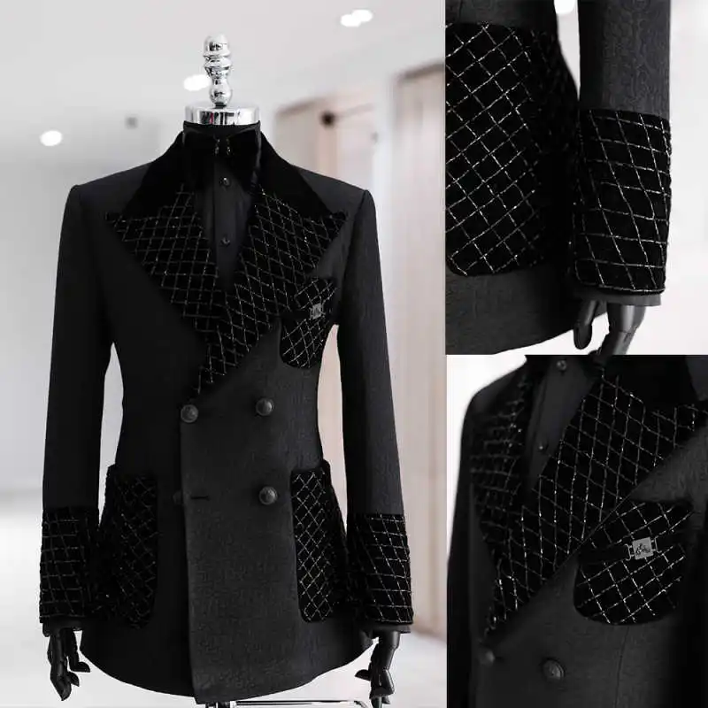 

Handsome Beading Jacquard One Piece Men Wedding Tuxedos Double Breasted Peaked Lapel Jacket Customized Formal Prom Wear