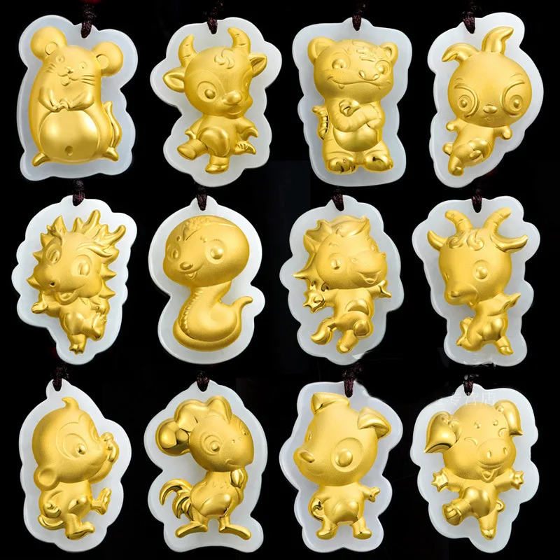 1pcs Real Hetian Jade Pendant For Women 4D Hard Gold Foil Pendant Twelve of Zodiac Cartoon Animal Pendant  Tiger Year Gift