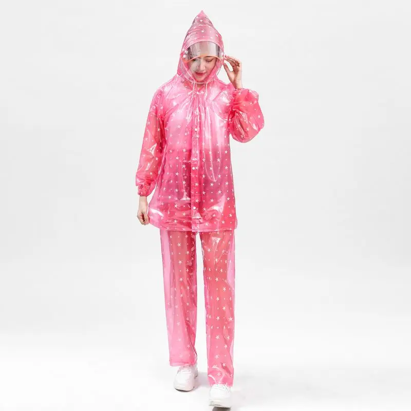 Students Girls PVC Dot Porcha Star Graphics Waterproof Raincoat Jacket + Trouser Suit Hat With Protection