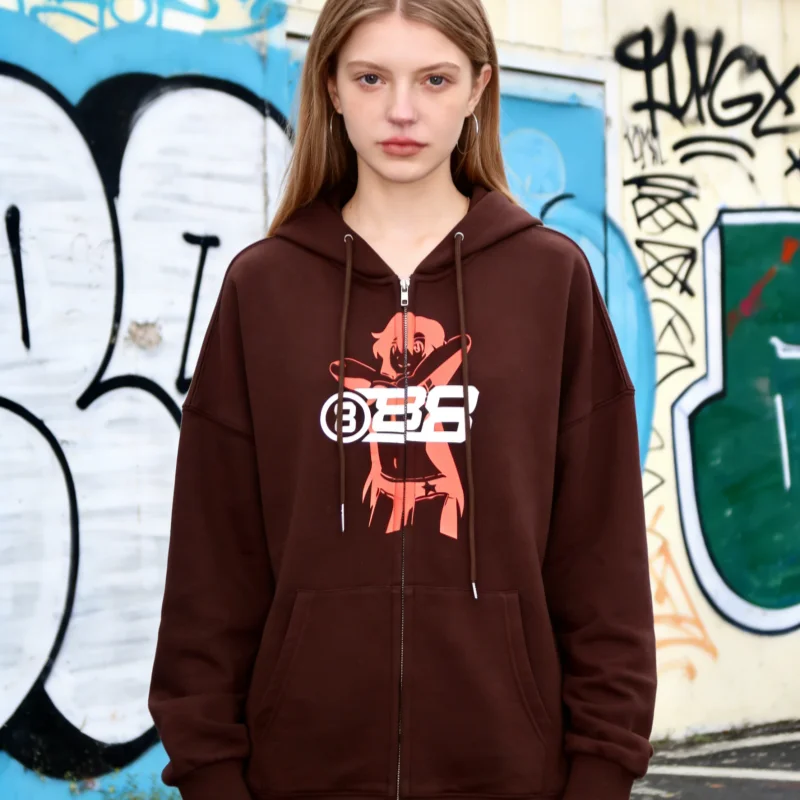 2025 Felpa con cappuccio coreana con cerniera retrò marrone Y2K da donna a maniche lunghe con cappuccio grande oversize morbido allentato moda di strada