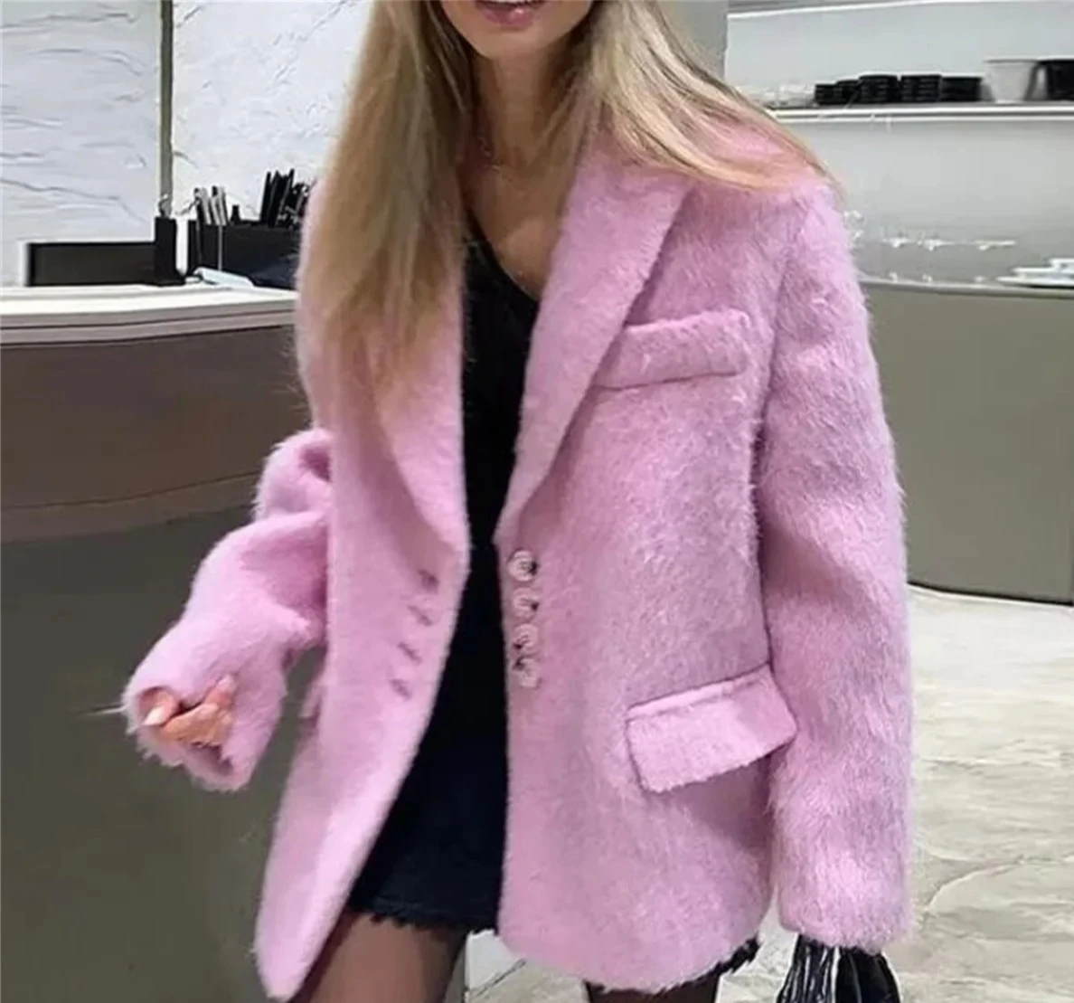 

Women's Fashion Lapel Pink Coats Single Breasted Long Sleeve Elegant Coat Autumn Winter Warm Blazer Casual Pockets Lady