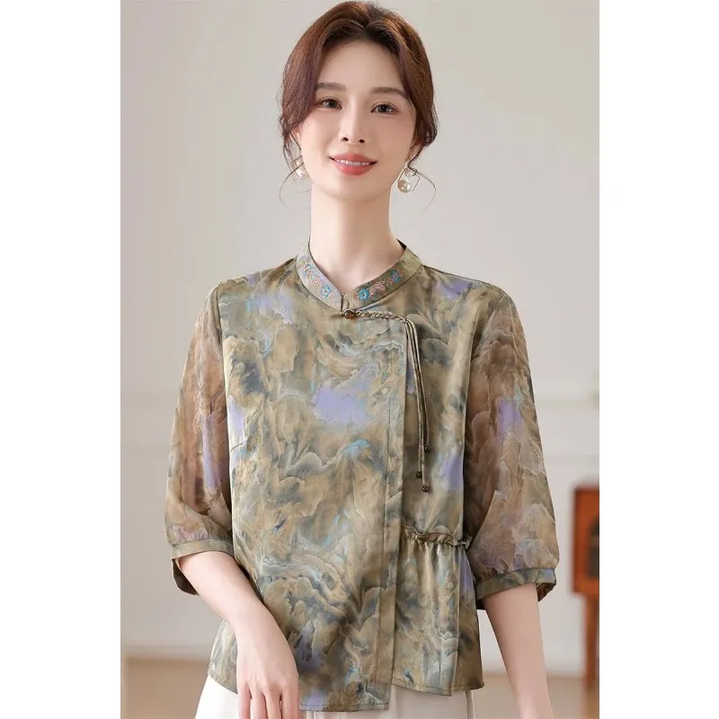 

Женская винтажная блузка в китайском стиле с принтом тай-дай, свободного кроя, больших размеров, летний топ