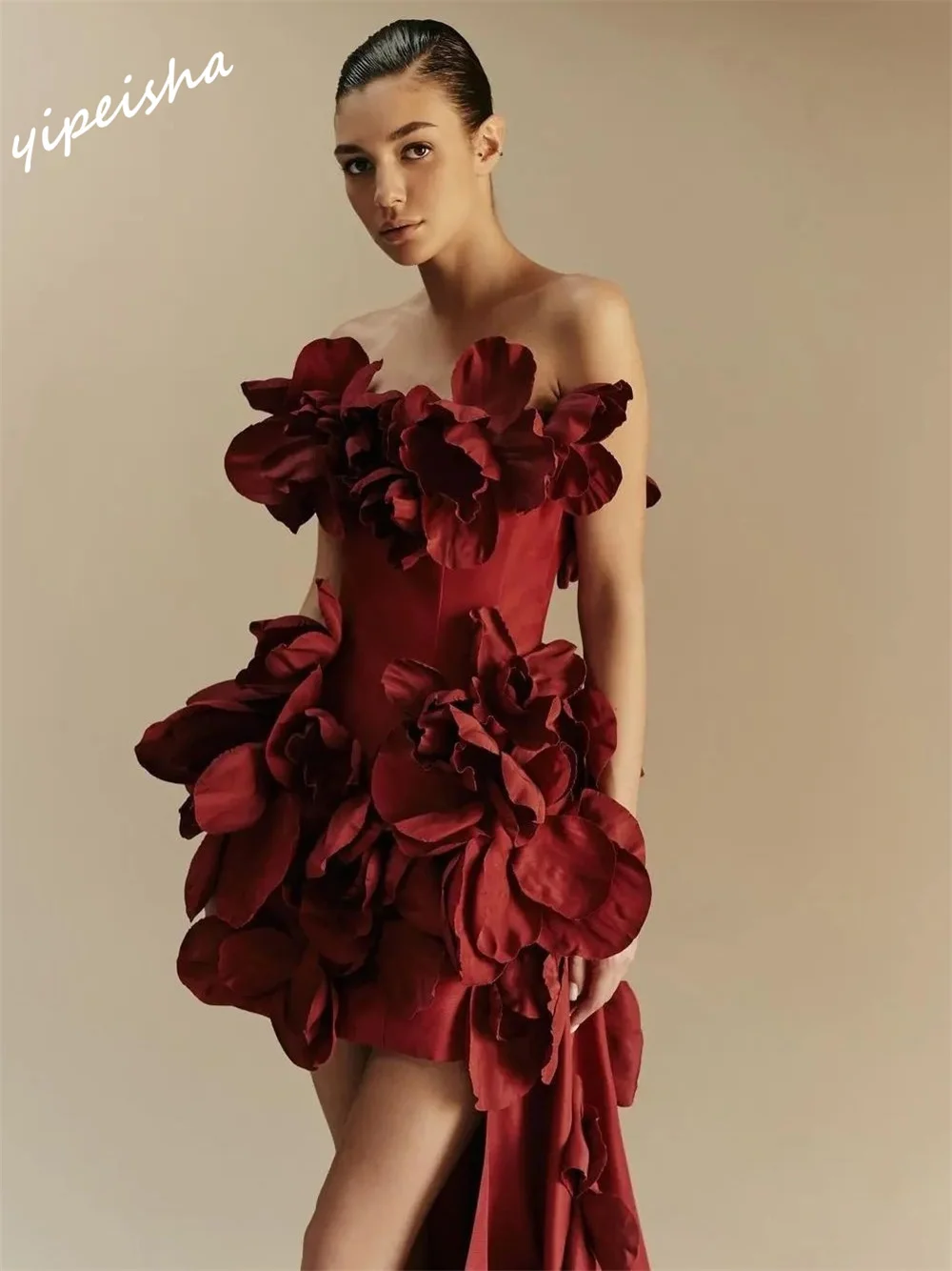 Jiayigong High Quality  Fashion Strapless Ball Gown Mini Cocktail Dresses Flower Skirts Satin Customized