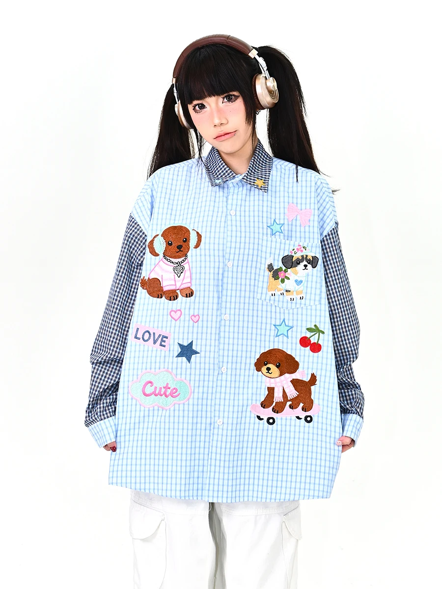 

Американский свободный женский лонгслив с вышивкой в клетку, модный тренд Весна 2026, топ с вышивкой собачек