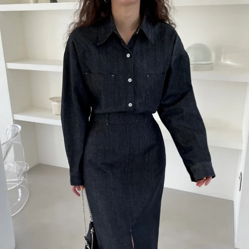 Csa Hoada Vintage E de Manga Larga con Diseño de Abertura en la Cintura Alta y Falda de Media Pierna, Ropa de Tra...