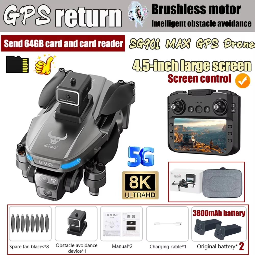 SG901 MAX GPS Drone 2 Batterijen 8K Camera Antenne FPV Obstakel vermijden met Groot Scherm Afstandsbediening Geheugenkaart Opvouwbare Dron