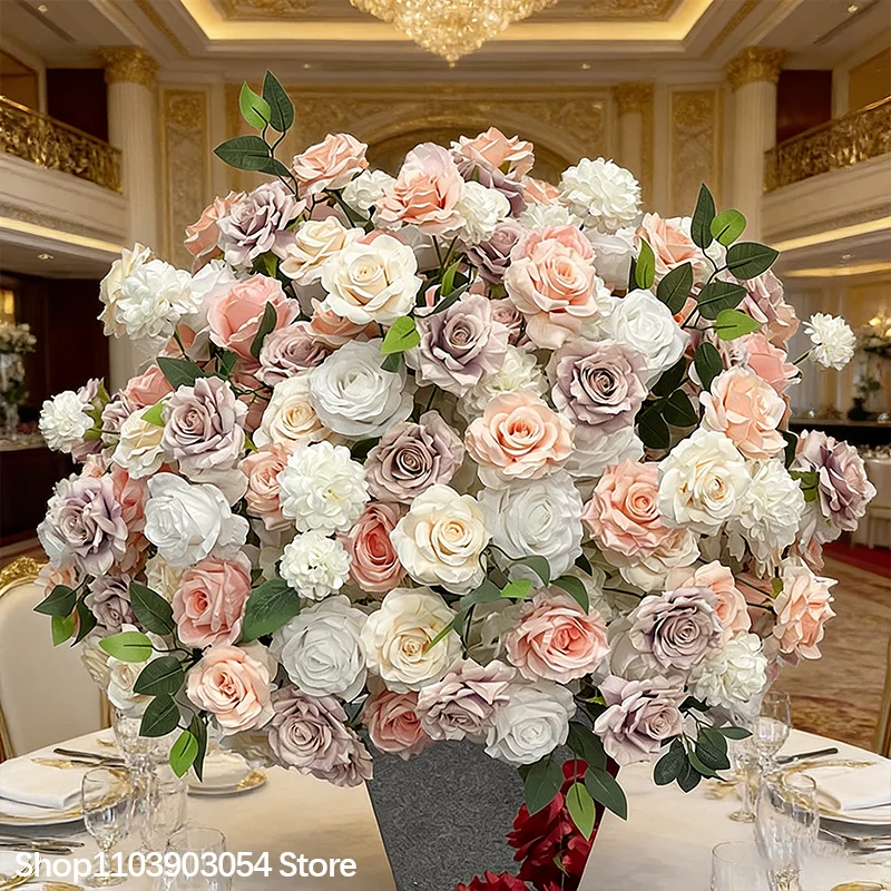 Künstliche Rosa-Pfirsich-Weiß-Rosen-Tischdekoration Blumenarrangement Luxus-Hochzeitsbankett Esstisch-Dekor Blumenstrauß – Detail 9