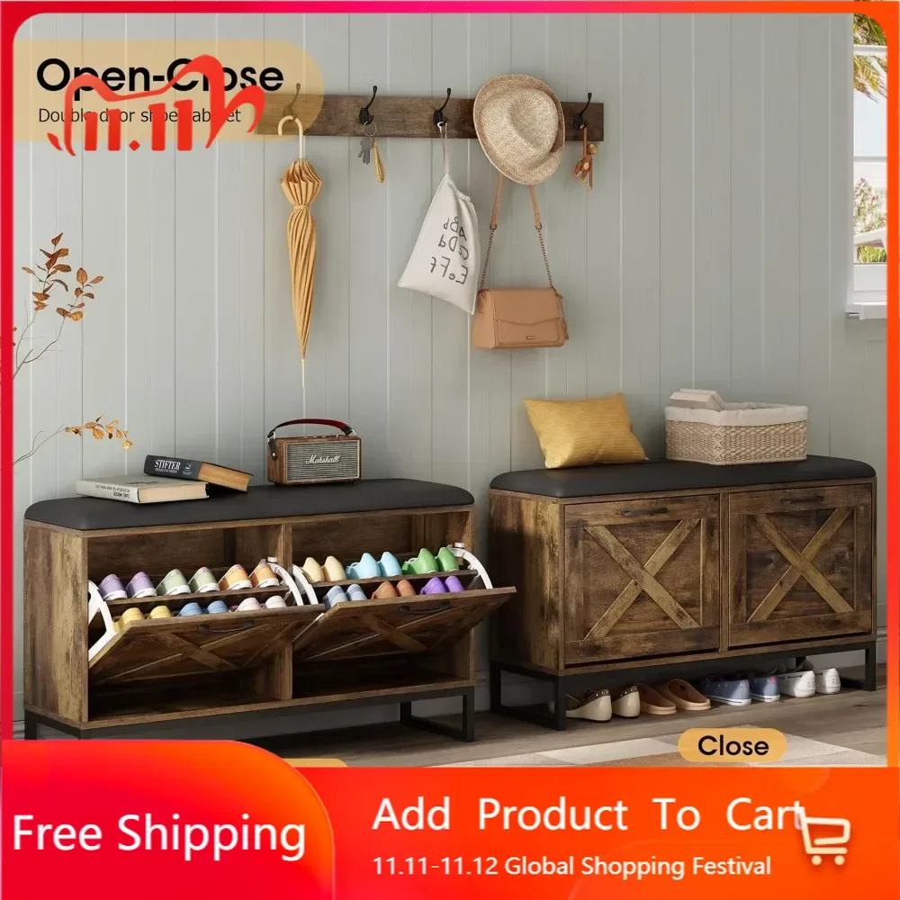 

Тумба для обуви Maupvit с 2 откидными ящиками и вешалкой для одежды, скамья для хранения обуви с сиденьем для прихожей, 5 больших прочных металлических полок.