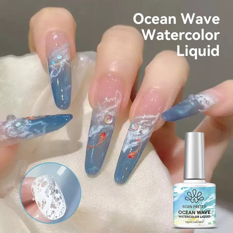 BORN PRETTY 10ml Ocean Wave Watercolor Liquid Gel Polish Stroke White Watercolor 3 seconds Spread Lace Hollow Gradient Nail Art image 2