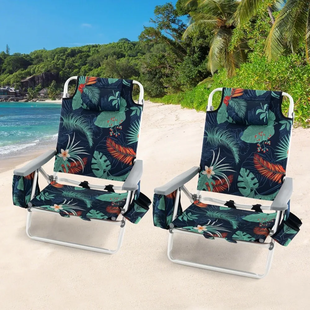 Backpack beach chair, 3 portable camping chairs, folding side table, cool bag and cup holder, 5 position outdoor recliner