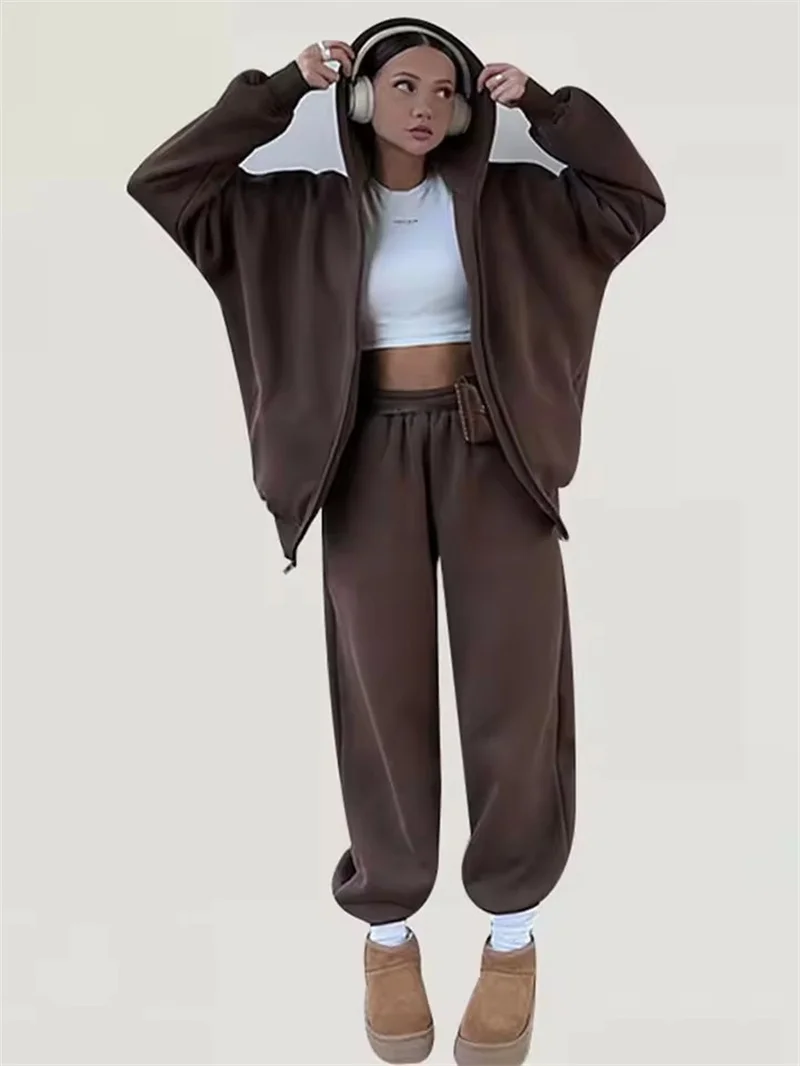 طقم بدلة رياضية نسائية غير رسمية على الموضة سويت شيرت بقلنسوة طقم مكون من قطعتين 2025 ملابس رياضية فضفاضة بخصر مطاطي بنطلون للجري للسيدات #2