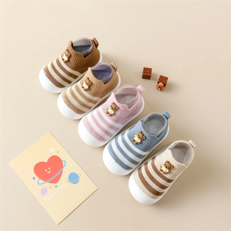 Baby toddler shoes soft sole children\'s shoes breathable cartoon non-slip anti-fall shoes striped cute new baby shoes