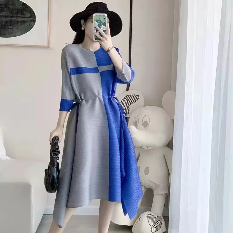 

Miyake Pleated 2022 Summer New Fashion French Dress Feminine Temperament Advanced Drawstring SlitColor Matching Design Skirt ZL2