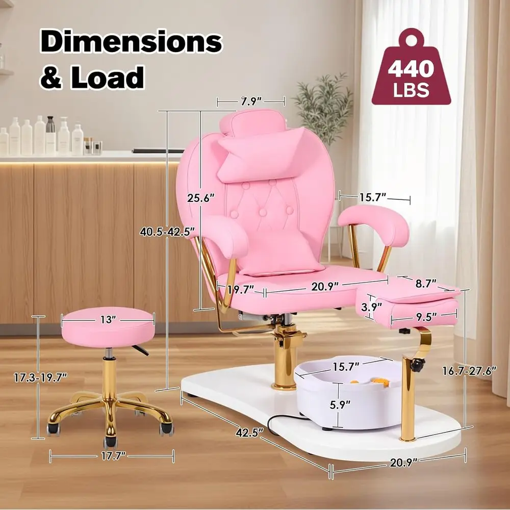 360° Swivel Reclining Pedicure Chair with Stool, Foot Bath, and Ergonomic Rest for Nail Technicians and Spa (Pink)
