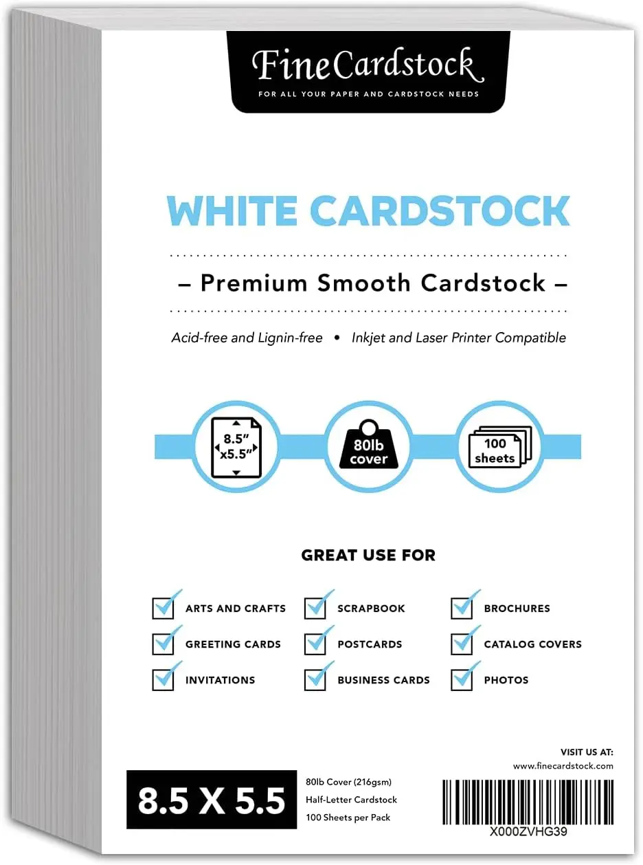 

80lb Bright White Cardstock 8.5x5.5" 100 Sheets for Crafts, Invitations & More