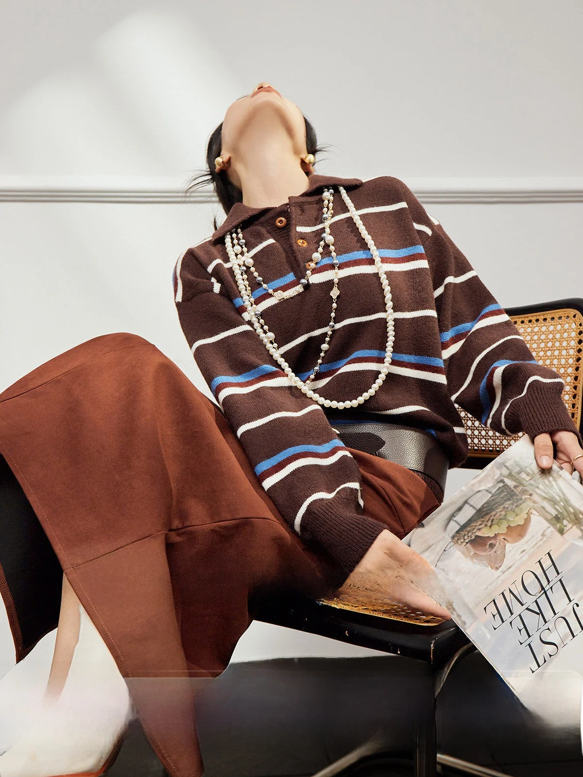 

Coffee Color Knitted Ne Sweater Women's Striped Loose Fit Long Sve Vintage Sle Uncle Brand New Arrival