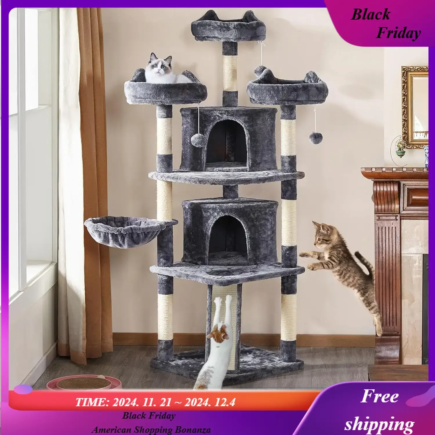 

Multi-Level Large Cat Condo with Sisal-Covered Platforms Scratching Board & Scratching Posts, Cozy Perches,