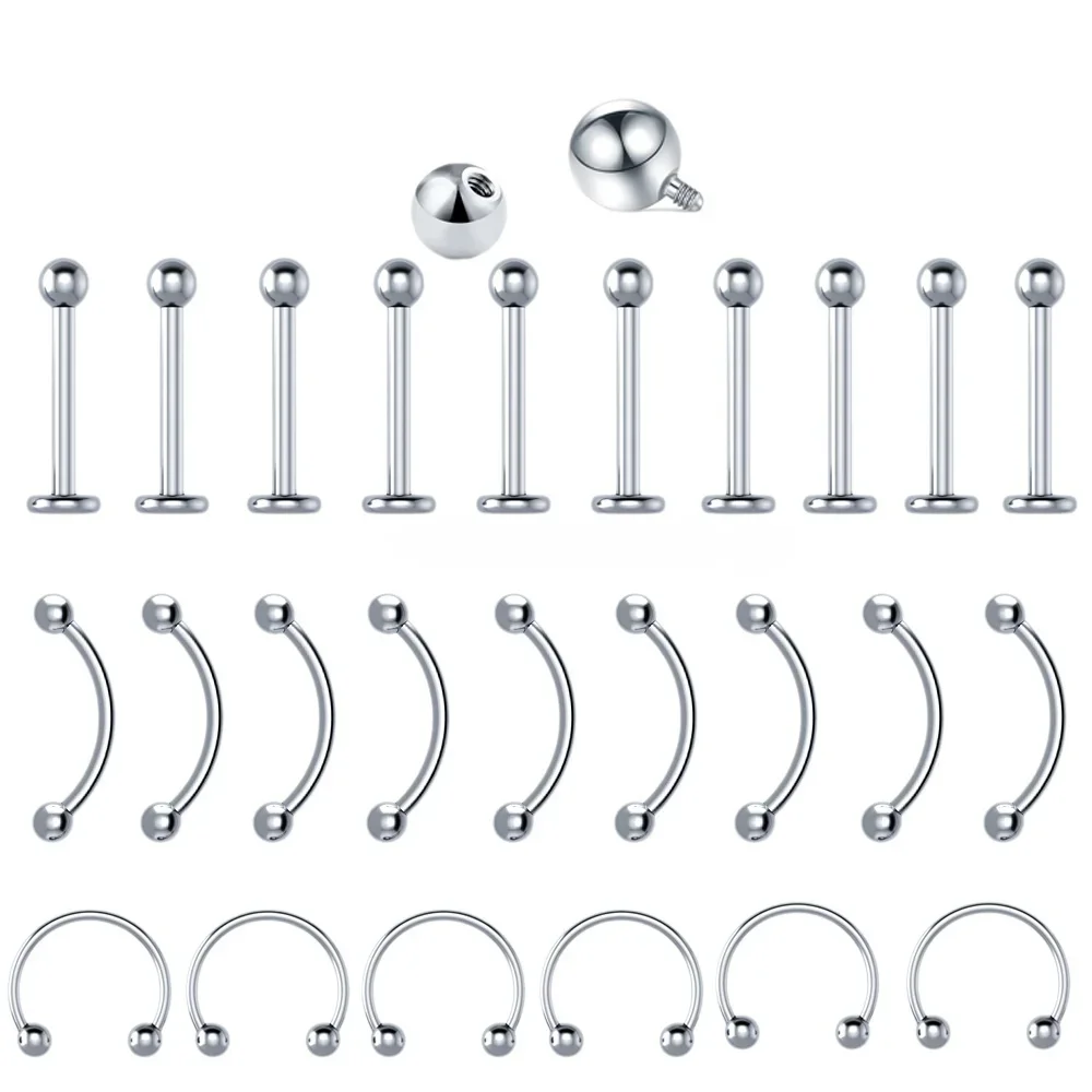 10pcs 16G Stainless Steel Body Jewelry - Lip Rings/Tongue Studs/Nipple Bars, Professional Piercing Kit for Men & Women