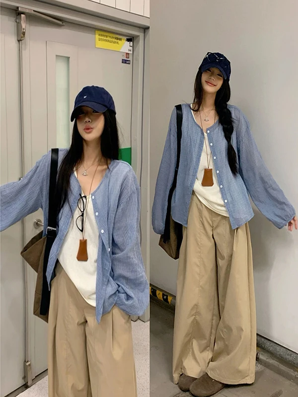 

plus Size Women's Blue Striped Long Sve irt Loose Fit Slimming Versatile Top Trendy Early Autumn New Sle Korean Sle ...