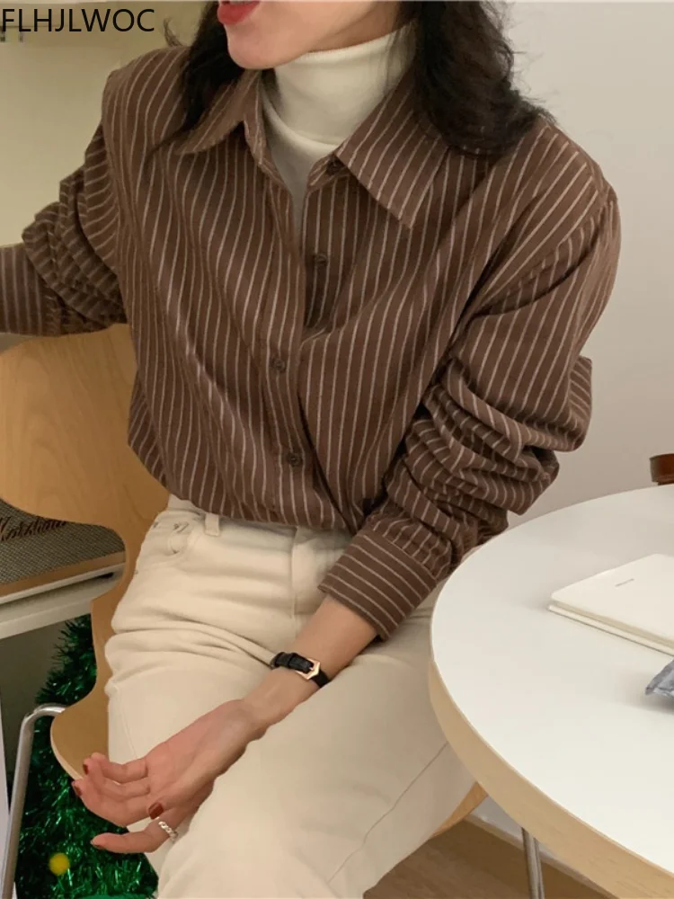 Loose Lazy Minimalist Style Stripe Corduroy Tops 2022 Cute Japan Girls Chic Korea Design Fashion Striped Boyfriend Button Shirts