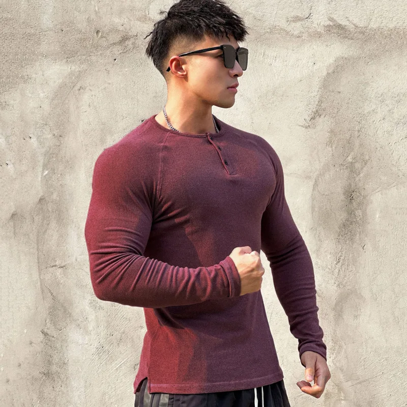 Men's Base Layer Fleece Lined Jersey Henley T-shirt Long Sleeve Minimalist American Style Stretch Gym Workout T Shirt