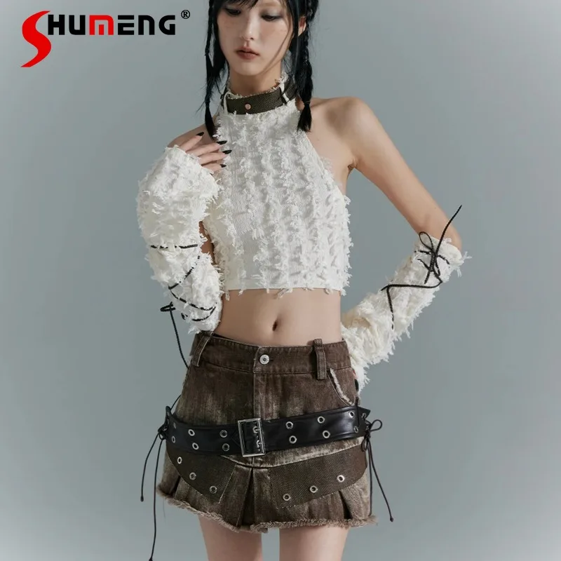 

American Retro Y2k Slim Fit High Waist Rough Edge Washed Old A-line Denim Skirt Women's Clothing Zipper Short Mini Skirts Ladies