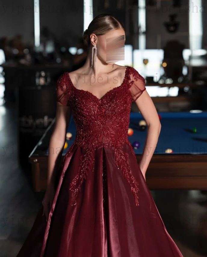 カスタマイズされた恋人フォーマルイブニングドレス半袖スパンコールビーズレースアップリケ A ラインウエディングドレスロングサテンパーティードレス