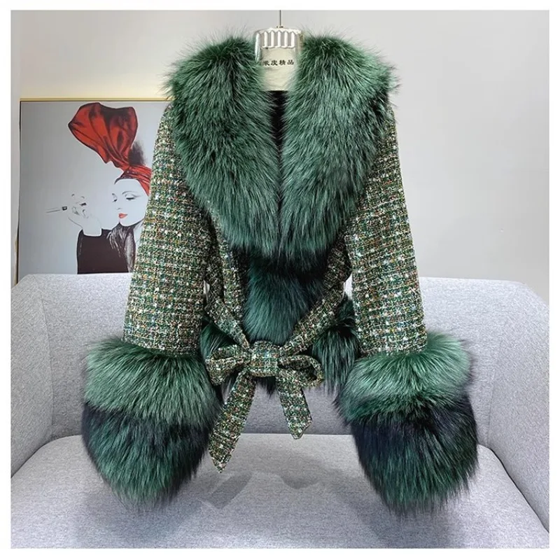 Short Jacket Coat with Real Red Fox Fur Collar for Women, Front and Belt, Elegant Fur, Green Color, Autumn and Winter Coat