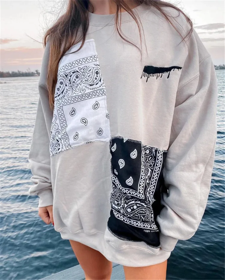 Women Loose Casual Sweatshirts Light Grey Plus Zie Long Sleeve O-Neck Spring Autumn Clothing Fashion Patchwork Printed Pullovers